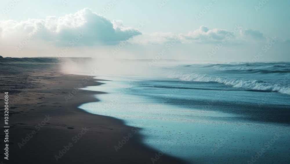Misty Beachscape with Rolling Waves Misty Beachscape with Rolling Waves