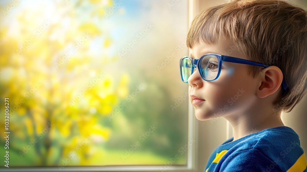Young child wearing blue glasses focusing on distant tree outside window, symbolizing myopia prevention and importance of outdoor activities. Young child wearing blue glasses focusing on distant tree outside window, symbolizing myopia prevention and importance of outdoor activities.