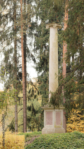 The "End of the World" column, an Ionic structure made of pink quartz, erected in 1783, stands proudly in Pavlovsk Park.