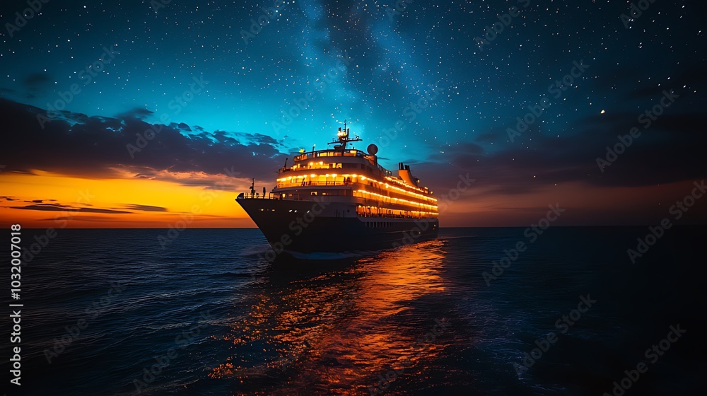 A cruise ship sails through the ocean at night under a starry sky.