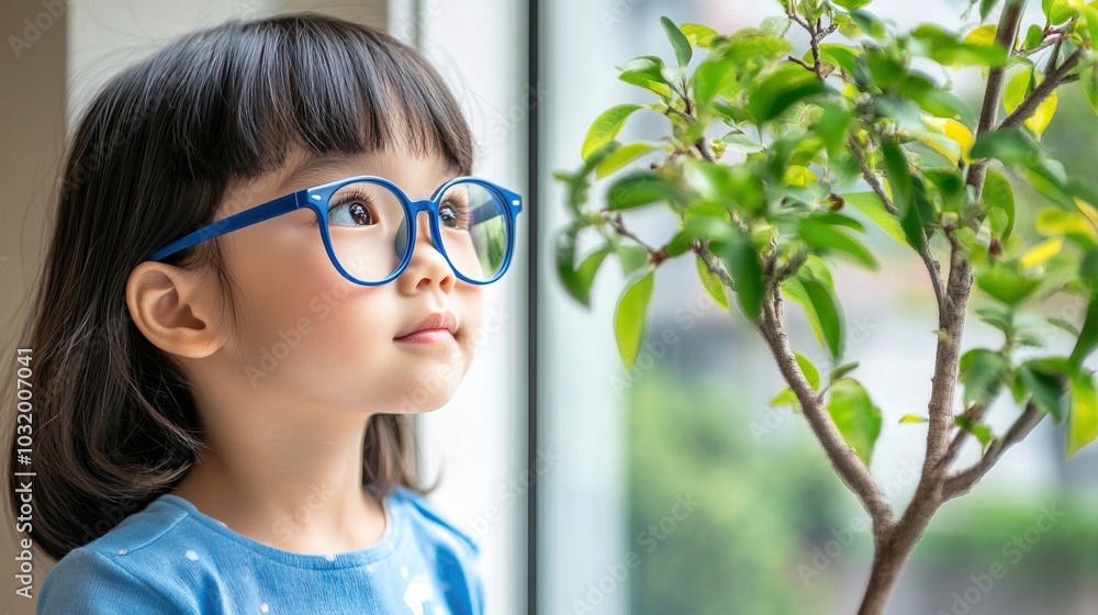 Young child wearing blue glasses focusing on distant tree outside window, symbolizing myopia prevention and importance of outdoor activities. Young child wearing blue glasses focusing on distant tree outside window, symbolizing myopia prevention and importance of outdoor activities.