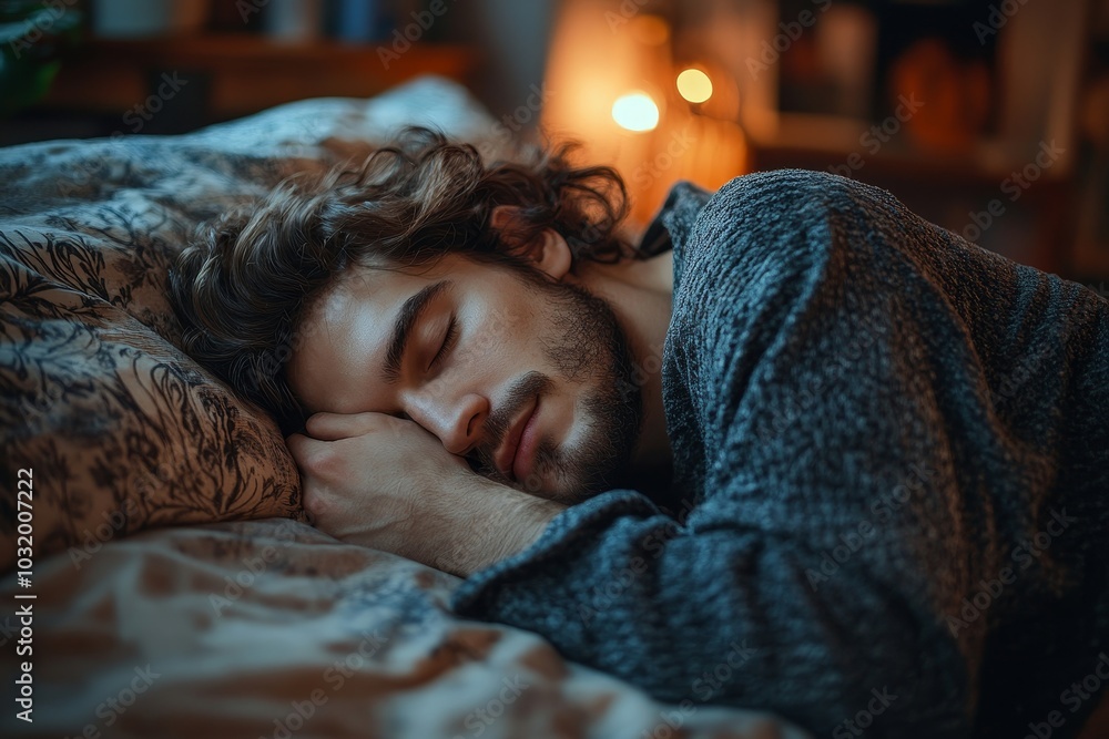 Peaceful man sleeping on side, holding hands near face while lying in cozy bed in bedroom at home, napping and resting, copy space, Generative AI Peaceful man sleeping on side, holding hands near face while lying in cozy bed in bedroom at home, napping and resting, copy space, Generative AI