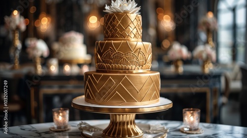 Elegant black and gold multi tiered cake displayed on a wooden table against a dark background photo