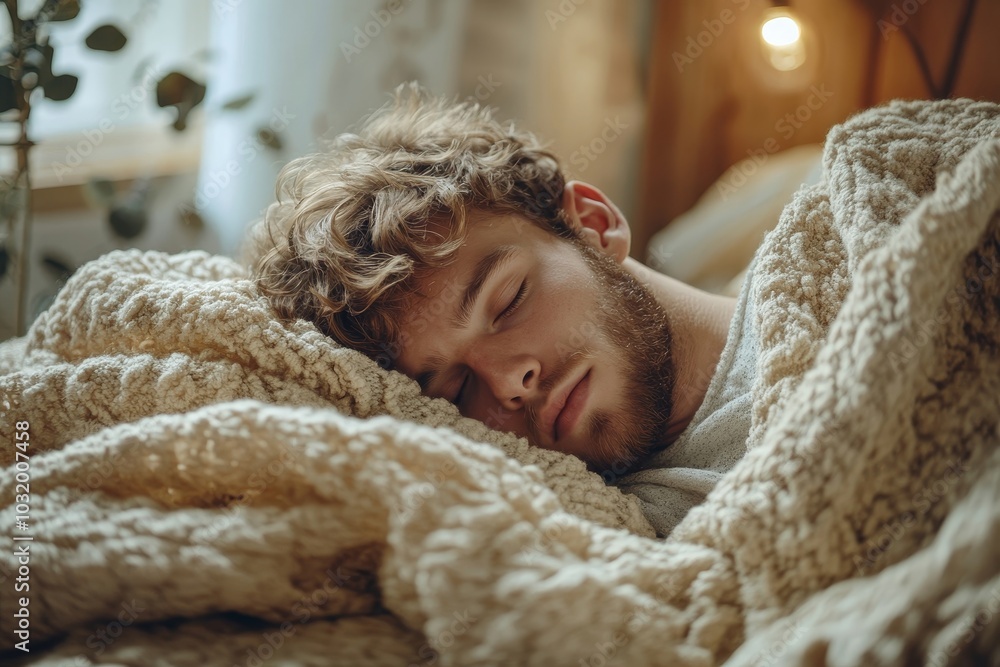 Calm man sleeping lying on back covered with blanket, resting, napping in bed in light bedroom interior, free copy space, Generative AI Calm man sleeping lying on back covered with blanket, resting, napping in bed in light bedroom interior, free copy space, Generative AI