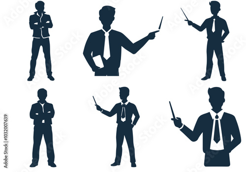 Icon set on a transparent background, 6 pieces, vector illustration: Person in different scenarios including giving a presentation and standing relaxed