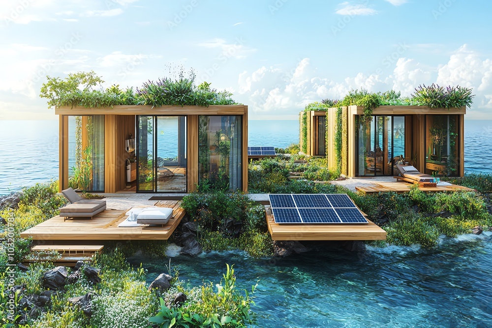 View of Two modern, eco-friendly, wooden houses with green roofs and solar ...