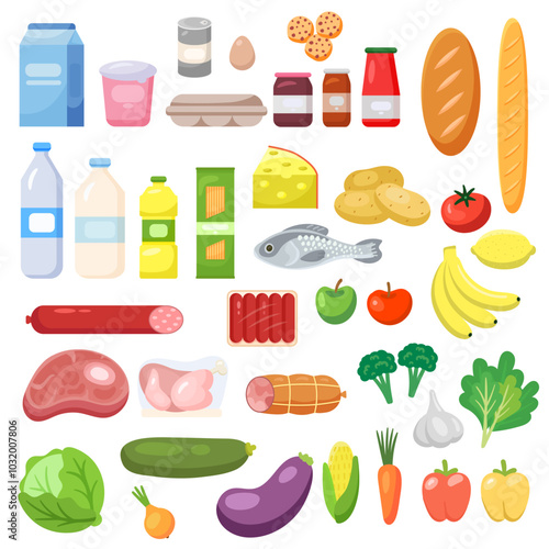 Fresh food from grocery set. Vector illustration in flat style. Different food and beverage products - market basket, grocery shopping. Milk, water, fruits, vegetables, meat, fish, bread