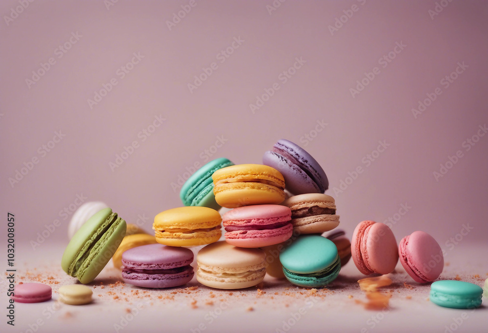 Various colorful of macarons floating on the air isolated on clean background Desserts sweet cake co Various colorful of macarons floating on the air isolated on clean background Desserts sweet cake co