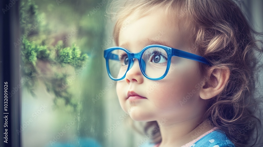 Young child wearing blue glasses focusing on distant tree outside window, symbolizing myopia prevention and importance of outdoor activities.
