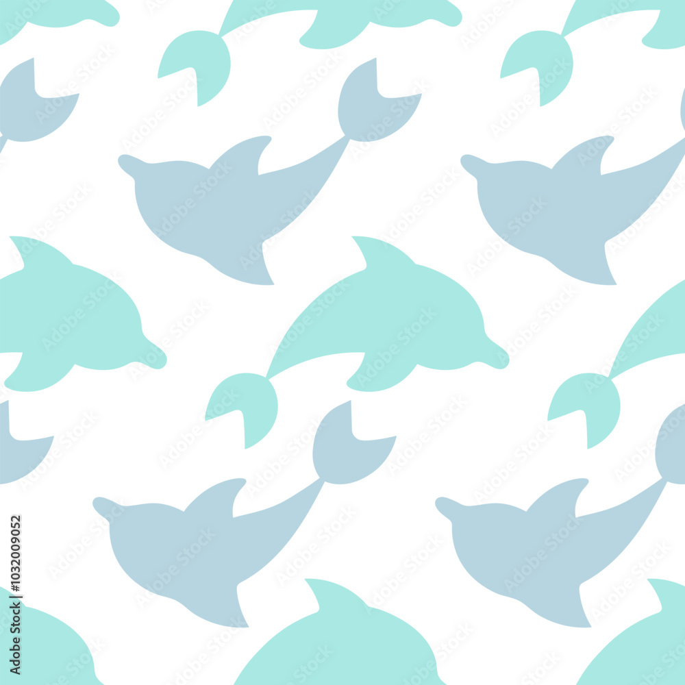 Green dolphin emerges from water. In reflection Gray sea mammal. Seamless vector pattern. Repeating ornament of sea mammals. Isolated colorless background. Flat style. Ocean inhabitant with fins. Green dolphin emerges from water. In reflection Gray sea mammal. Seamless vector pattern. Repeating ornament of sea mammals. Isolated colorless background. Flat style. Ocean inhabitant with fins.