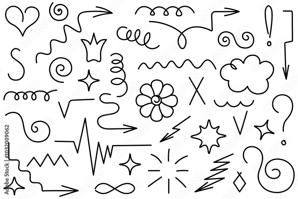 Obraz premium Collection of squiggles. Sketch. Vector illustration. Set of different details: arrows, squiggles, springs, spirals, signs and symbols. Outline on an isolated white background. Doodle style. 