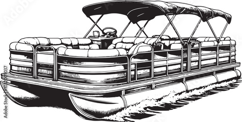 Pontoon Boat Vector Illustration - Outline Drawing