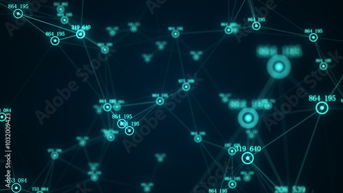 Global network connections. Abstract neural networks cyberspace. Futuristic grid artificial intelligence with digital indicators. Technology cyber dynamic. 3D rendering.