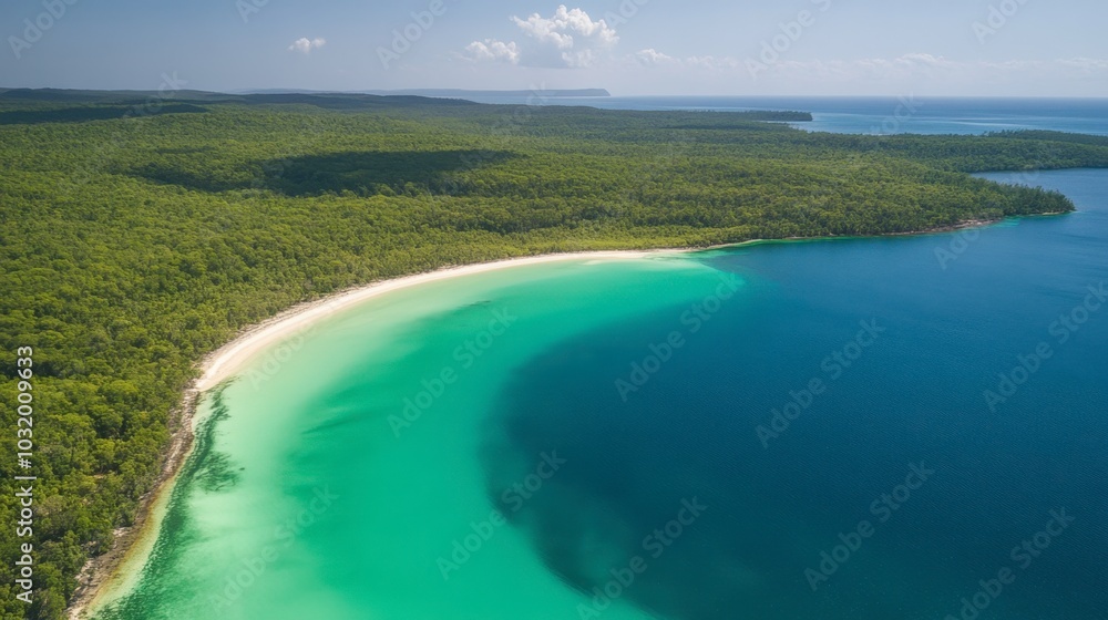 Serene Beach and Lush Green Coastline Aerial View Serene Beach and Lush Green Coastline Aerial View