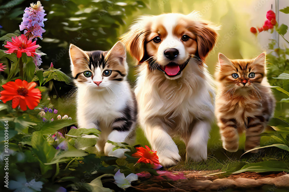 Obraz premium Niedliche Katzen und Hunde spielen im Garten Nahaufnahme