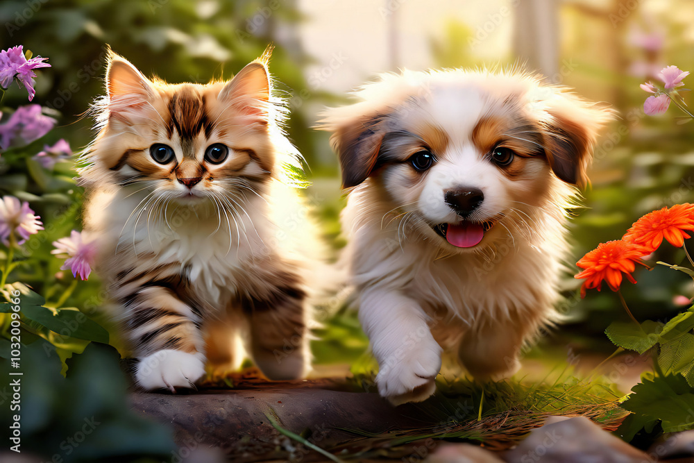 Niedliche Katzen und Hunde spielen im Garten Nahaufnahme Niedliche Katzen und Hunde spielen im Garten Nahaufnahme