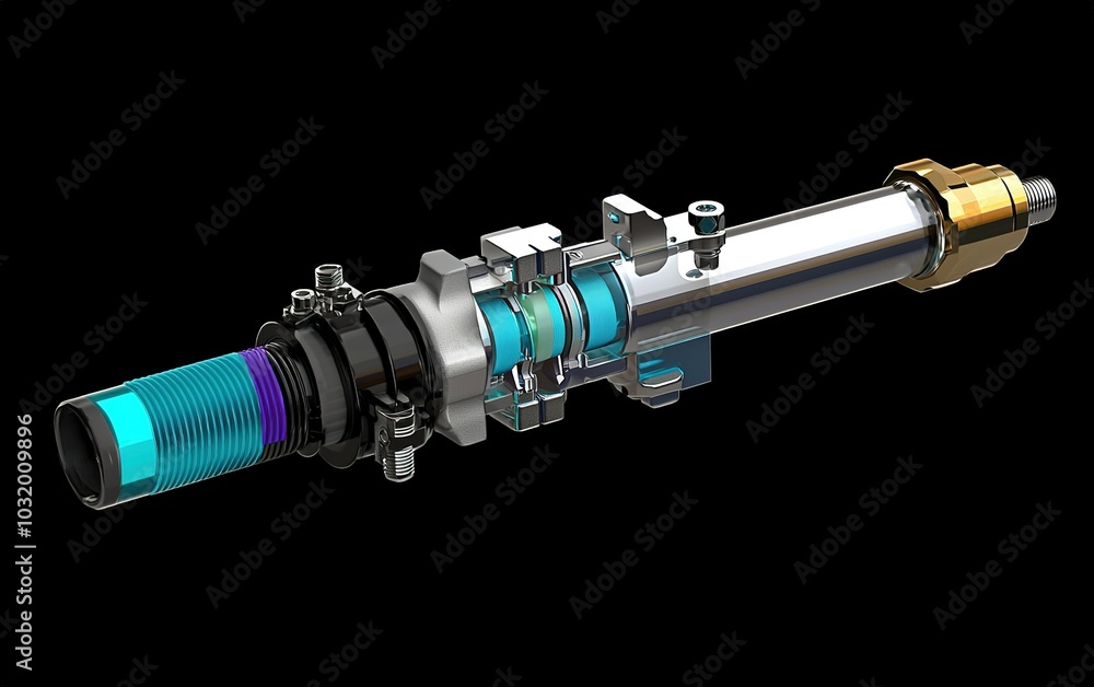 Detailed view of a hydraulic cylinder assembly used in industrial applications with vibrant colors highlighting key components Detailed view of a hydraulic cylinder assembly used in industrial applications with vibrant colors highlighting key components