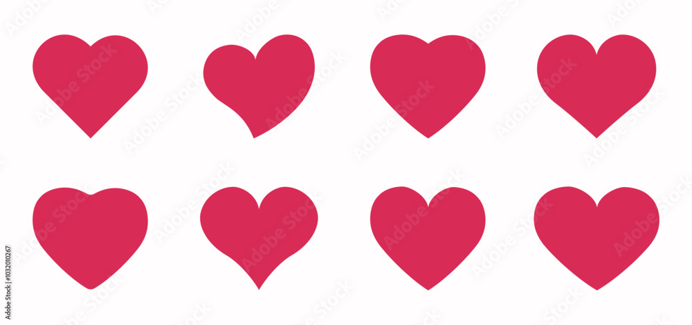 Set of red flat simple hearts, valentine's, Valentine Day decorations, application buttons, like signs and symbols, logos, emblems, vector illustration. Set of red flat simple hearts, valentine's, Valentine Day decorations, application buttons, like signs and symbols, logos, emblems, vector illustration.