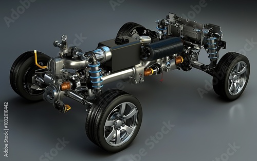 A detailed view of a modern car chassis showcasing engineering design and advanced suspension systems at a studio setting