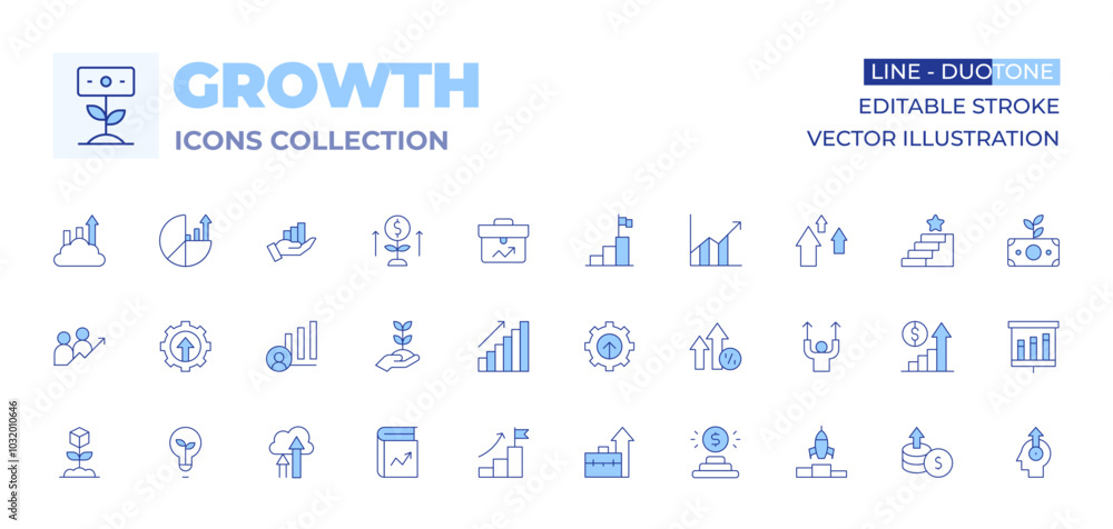 Growth icons collection. Line Duotone style, editable stroke. arrows up, diagram, goal, development, professional, book, increase, growth, bar graph, cloud, improvement, light bulb Growth icons collection. Line Duotone style, editable stroke. arrows up, diagram, goal, development, professional, book, increase, growth, bar graph, cloud, improvement, light bulb