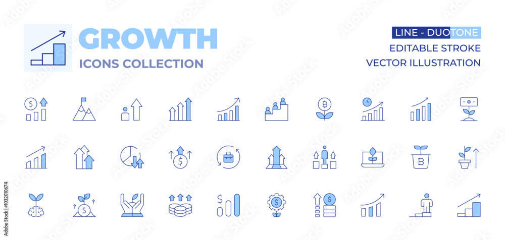Growth icons collection. Line Duotone style, editable stroke. investment, growth, grow up, growth graph, organic, revenue, career, graph, money, profits, diagram Growth icons collection. Line Duotone style, editable stroke. investment, growth, grow up, growth graph, organic, revenue, career, graph, money, profits, diagram