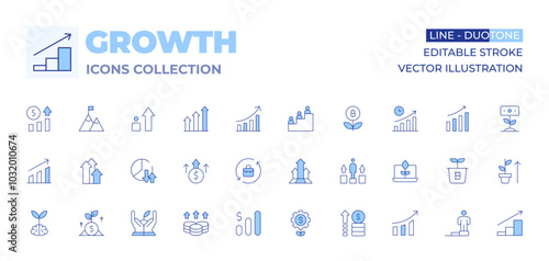 Growth icons collection. Line Duotone style, editable stroke. investment, growth, grow up, growth graph, organic, revenue, career, graph, money, profits, diagram