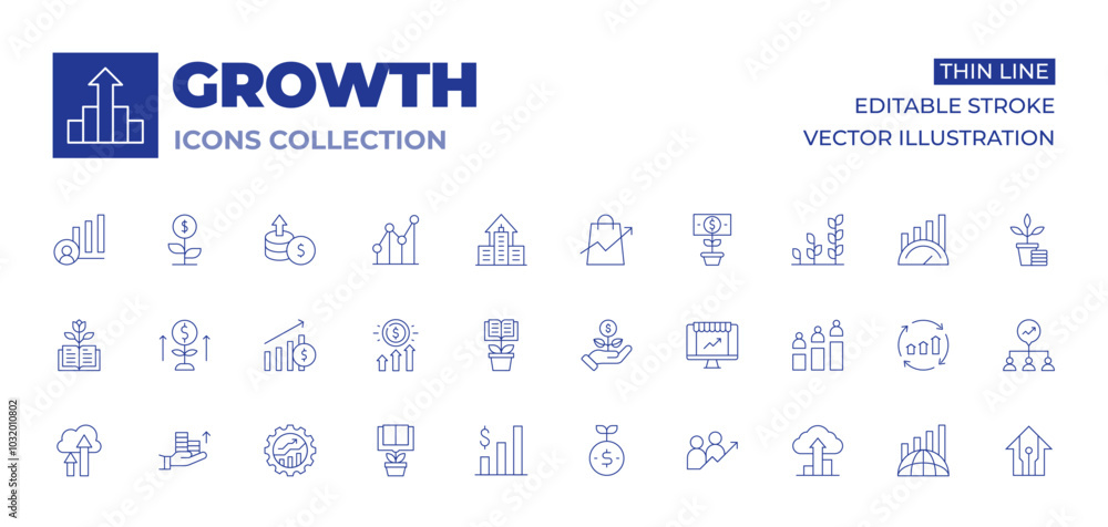 Growth icons collection. Thin Line icons, editable stroke. management, sales, growth, increase, plant, line graph, sprout, bars graphic, cloud, educative book Growth icons collection. Thin Line icons, editable stroke. management, sales, growth, increase, plant, line graph, sprout, bars graphic, cloud, educative book