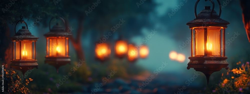 Softly Glowing Lanterns at Night, a serene row of identical lanterns illuminating the darkness, creating a tranquil and inviting atmosphere Softly Glowing Lanterns at Night, a serene row of identical lanterns illuminating the darkness, creating a tranquil and inviting atmosphere