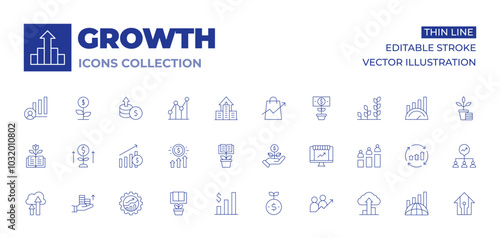 Growth icons collection. Thin Line icons, editable stroke. management, sales, growth, increase, plant, line graph, sprout, bars graphic, cloud, educative book