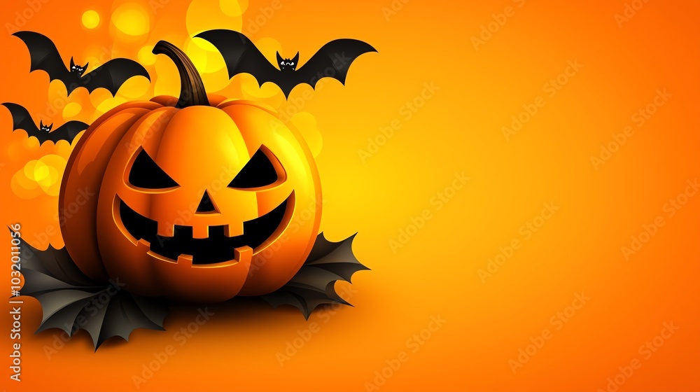 A spooky Halloween scene featuring an illuminated jack-o'-lantern with bats against a vibrant orange background. A spooky Halloween scene featuring an illuminated jack-o'-lantern with bats against a vibrant orange background.