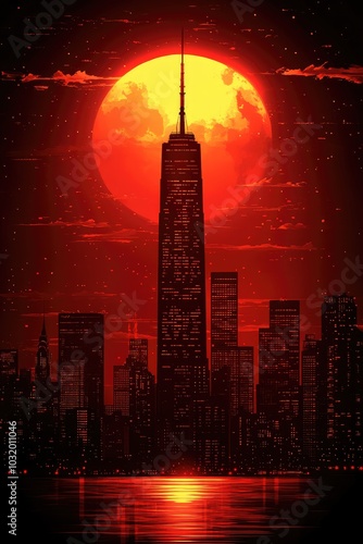 A Cityscape with a Large Red Moon and Silhouetted Buildings photo