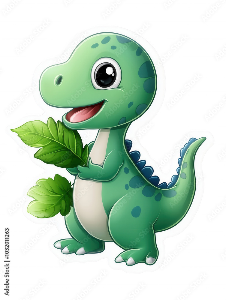 Fototapeta premium Cute cartoon dinosaur holding leaves, making it perfect for children's designs. isolated on transparent background
