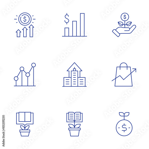Growth icons set. Thin Line style, editable stroke. increase, line chart, plant, growth, sprout, bars graphic, company, educative book