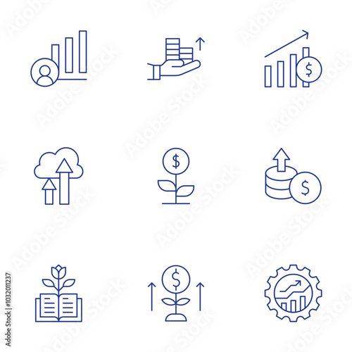 Growth icons set. Thin Line style, editable stroke. increase, management, sales, growth, bar graph, cloud, educative book