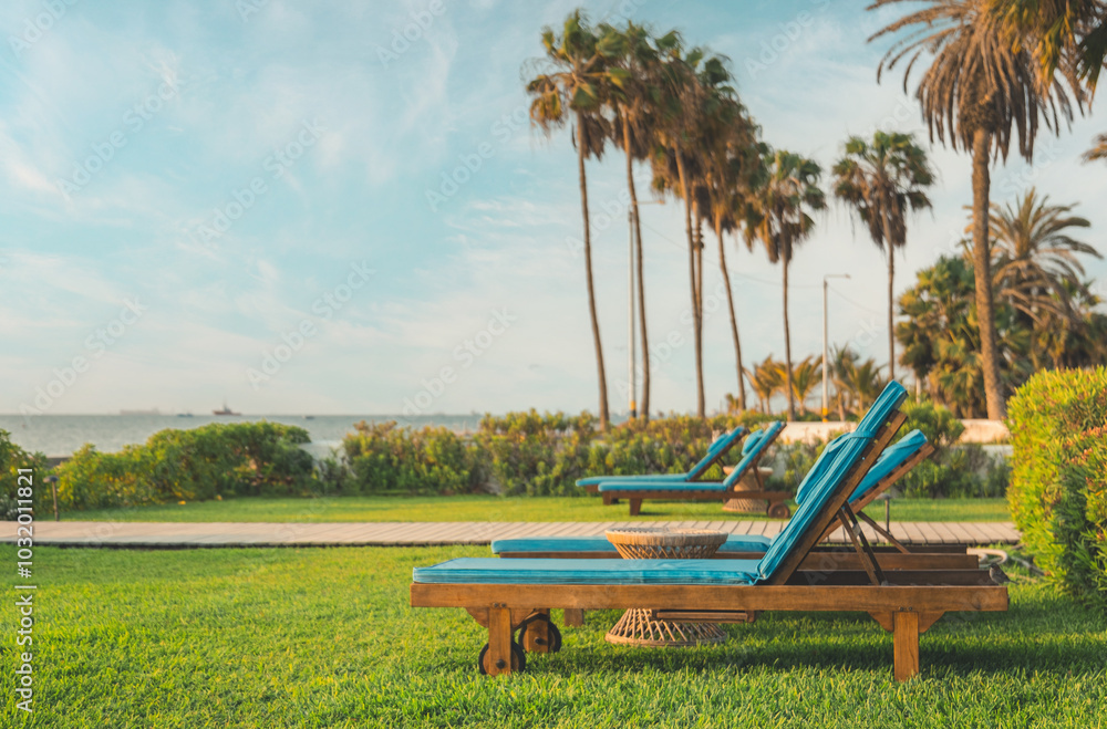Obraz premium A row of lounge chairs are set up on a lawn next to a body of water