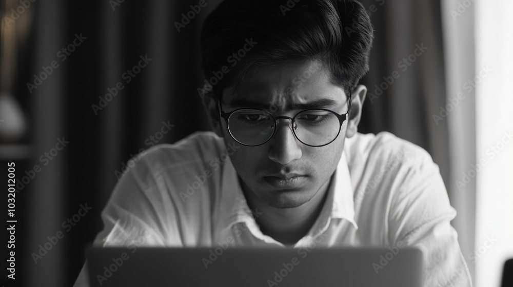 Intense Concentration: Young Man Focused on Laptop Intense Concentration: Young Man Focused on Laptop