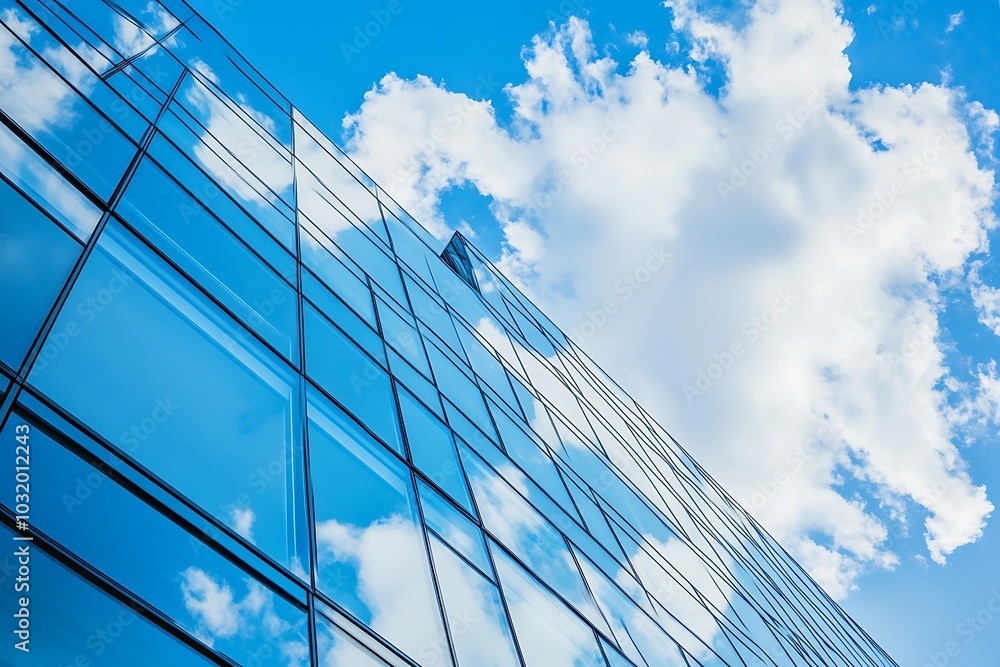 Modern Glass Building with Blue Sky and Cloud Reflections – Low-Angle View of Skyscraper Office Tower Exterior, Business Concept Background
Modern Glass Building with Blue Sky and Cloud Reflections – Low-Angle View of Skyscraper Office Tower Exterior, Business Concept Background