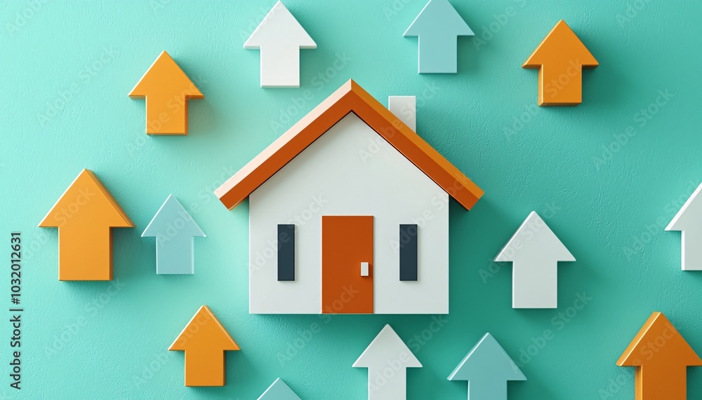 A house is surrounded by many arrows pointing upwards A house is surrounded by many arrows pointing upwards
