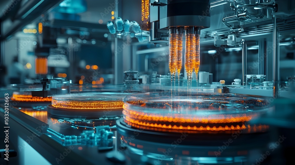 Futuristic Laboratory Engineering Sustainable Synthetic Textiles from Glowing Bioreactor Threads Futuristic Laboratory Engineering Sustainable Synthetic Textiles from Glowing Bioreactor Threads