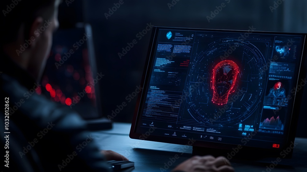 Man working on a computer with a red human head graphic on the screen. Man working on a computer with a red human head graphic on the screen.