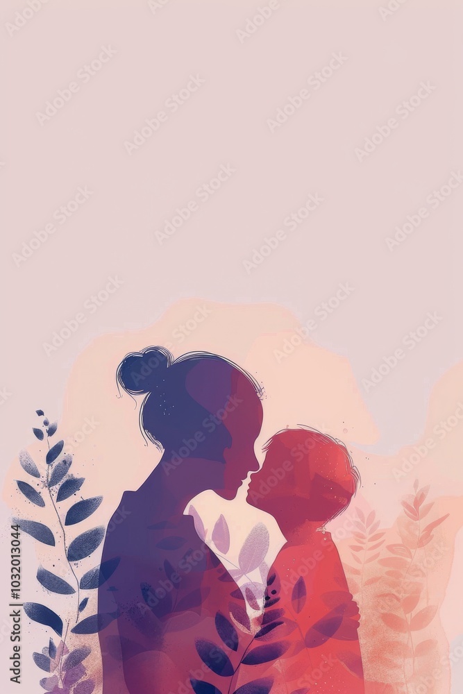 A tender moment between a mother and child surrounded by soft foliage at twilight A tender moment between a mother and child surrounded by soft foliage at twilight