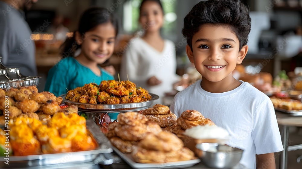 A joyful Diwali with a family gathered around a table filled with an assortment of traditional Indian sweets snacks and delicacies A joyful Diwali with a family gathered around a table filled with an assortment of traditional Indian sweets snacks and delicacies
