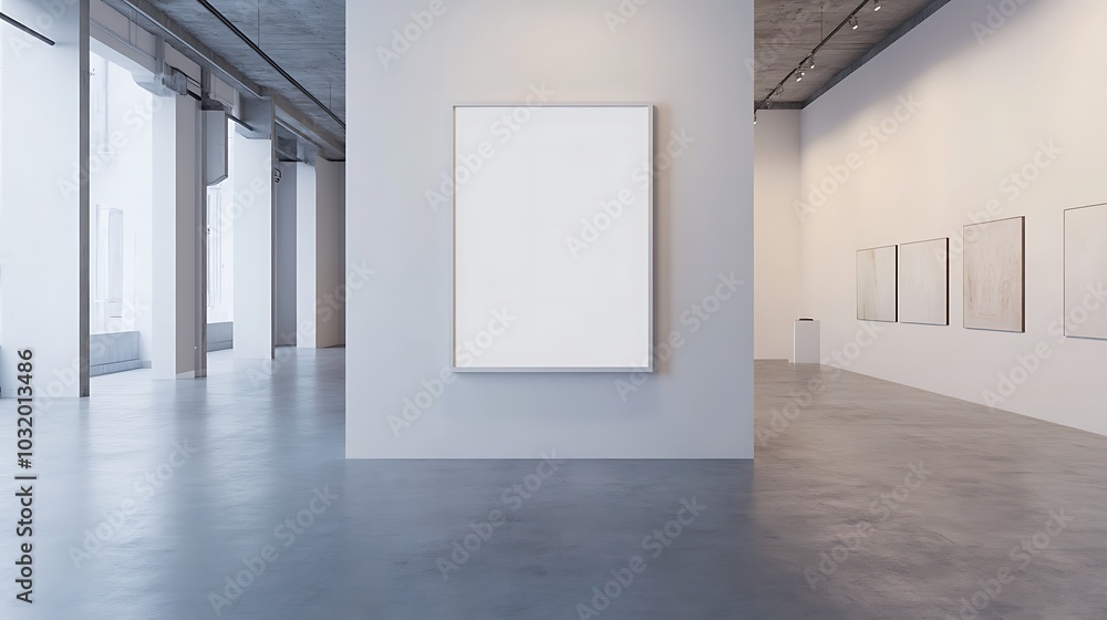 Modern interior of a large office with a white wall, a mockup blank frame on the canvas in the center of the room, and a concrete floor. 3D rendering. Modern interior of a large office with a white wall, a mockup blank frame on the canvas in the center of the room, and a concrete floor. 3D rendering.