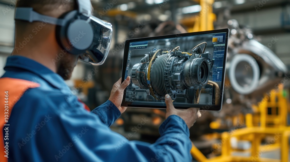Tablet computer for AR inspection: Technicians using augmented reality software to diagnose and repair engine issues Tablet computer for AR inspection: Technicians using augmented reality software to diagnose and repair engine issues