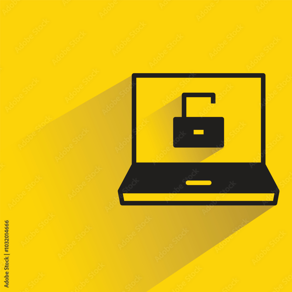 unlock in laptop with drop shadow on yellow background unlock in laptop with drop shadow on yellow background