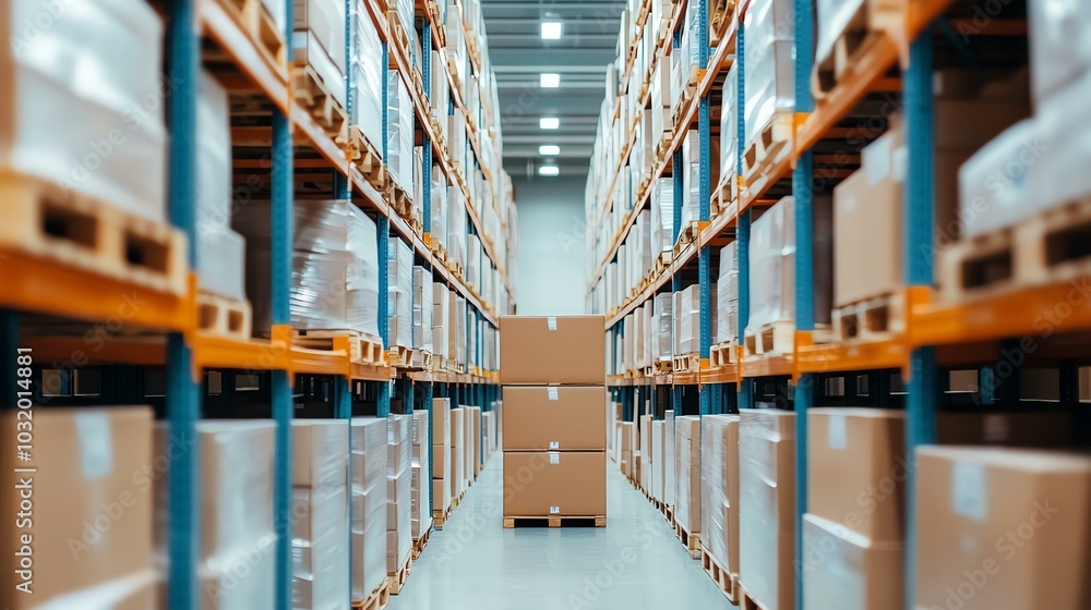 Spacious warehouse shelves filled with cardboard boxes, symbolizing logistics, storage, and distribution in an industrial setting. Spacious warehouse shelves filled with cardboard boxes, symbolizing logistics, storage, and distribution in an industrial setting.