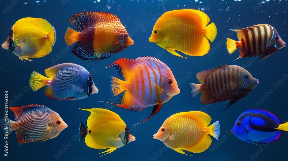 Colorful tropical fish swimming in harmony in a serene underwater environment Colorful tropical fish swimming in harmony in a serene underwater environment
