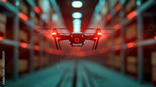 A futuristic drone hovers in a dimly lit warehouse, illuminated by red lights, showcasing advanced technology and automation. photo