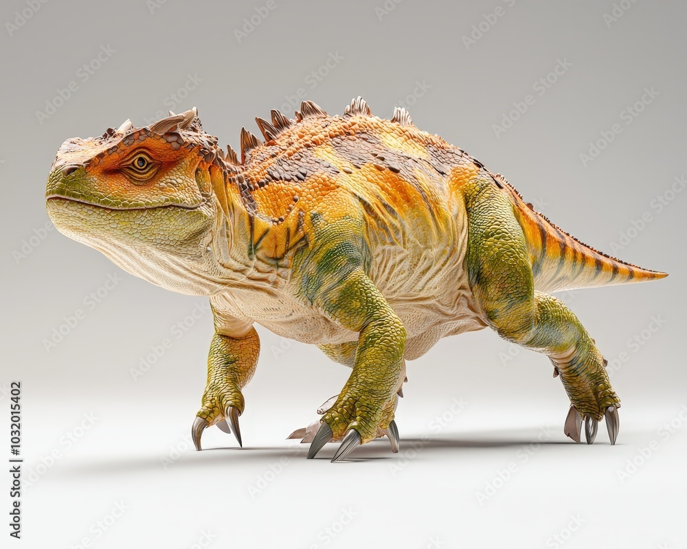 Naklejka premium Metriacanthosaurus with sharp claws walking cautiously isolated on a light gray background.