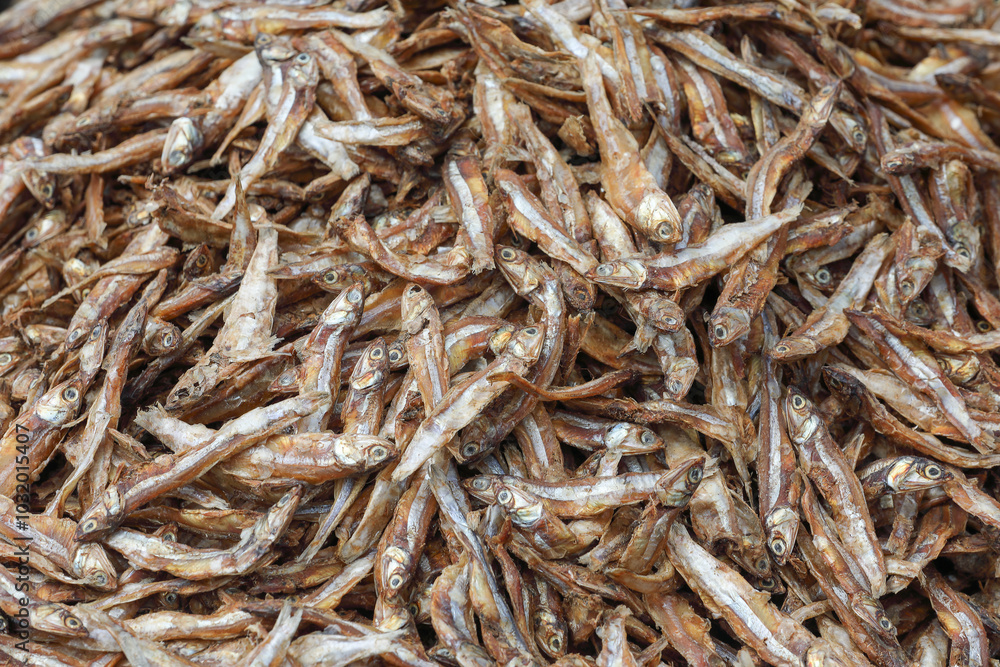 Pile of Anchovy dried fish at street market in india Pile of Anchovy dried fish at street market in india